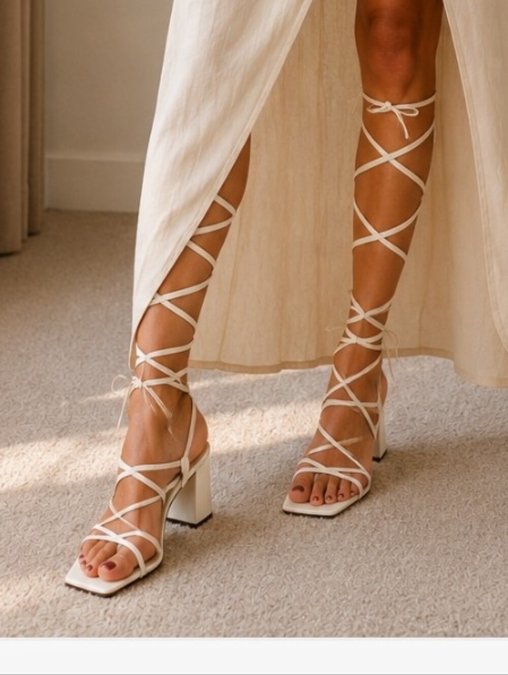 Strappy White Sandals With Block Heels